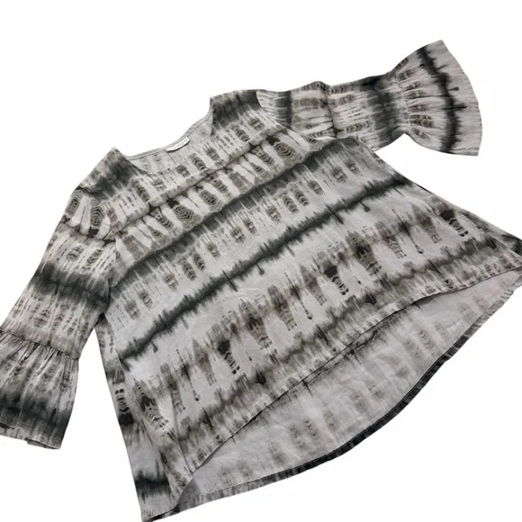 Bryn Walker Fran Gray Linen Bell Sleeve Tie Dye Tunic Top Blouse Size Large - Picture 4 of 12